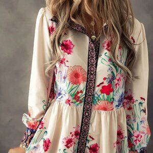 Flower Button Down Lantern Sleeve Dress